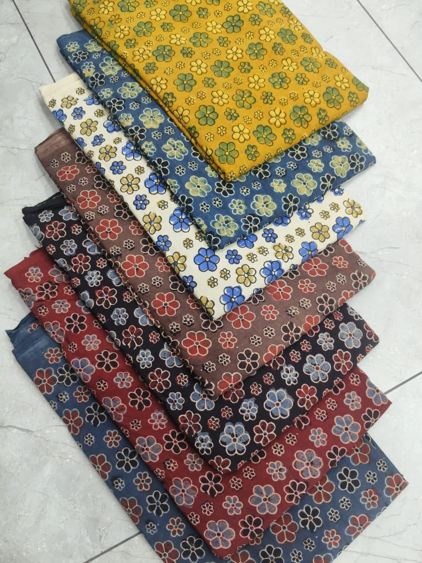 Indigo multi-colour Ajrakh pure cotton handblock print fabric crafted with natural dyes for wholesale buyers